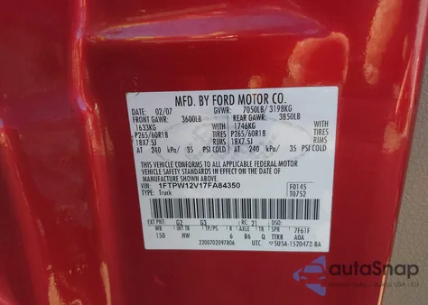 2007 Ford F-150 Lariat/Xlt z USA, uszkodzony, nr VIN 1FTPW12V17FA84350